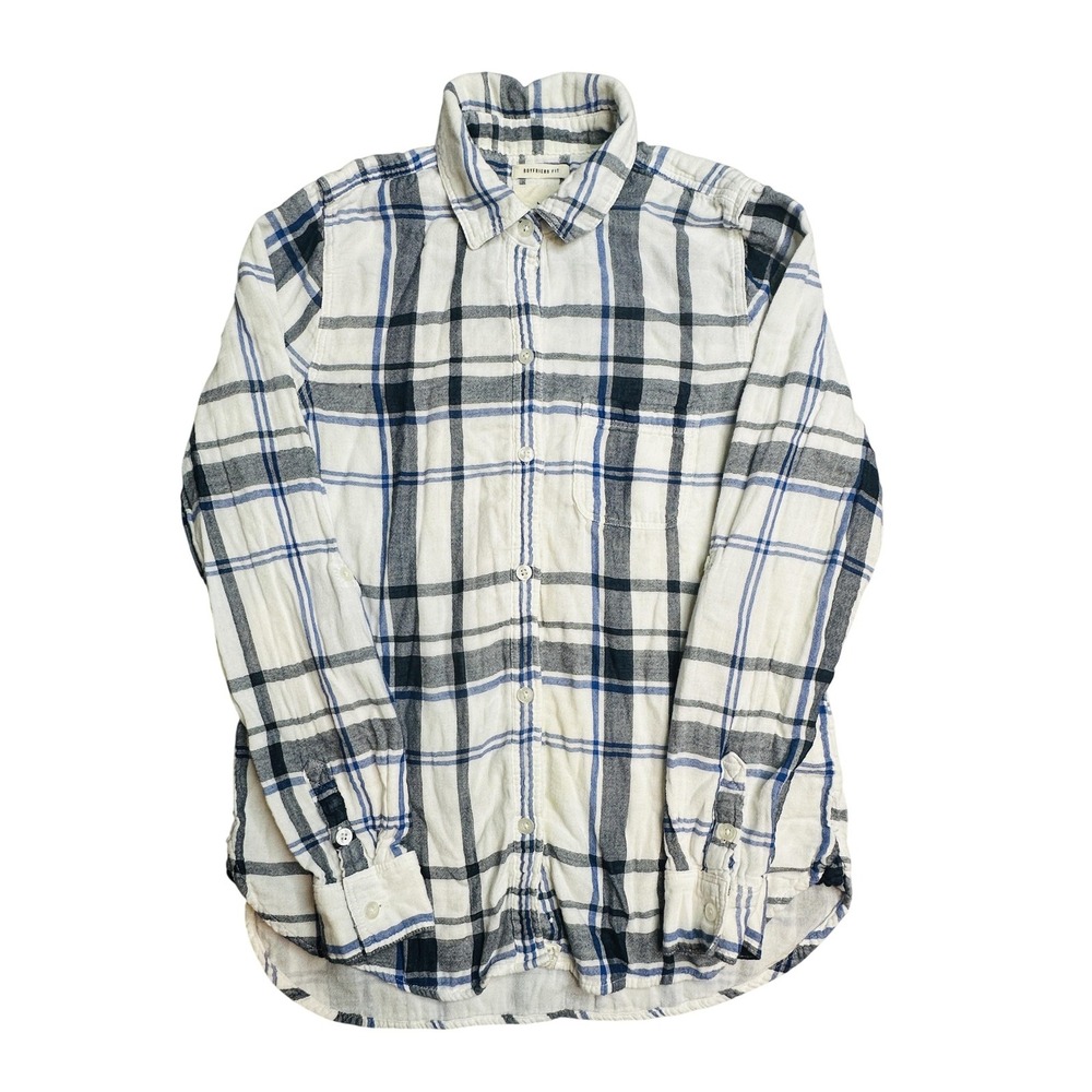 American Eagle Outfitters Shirt Womens XS White Plaid Boyfriend Fit Long Sleeve